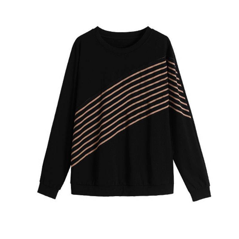 Áo thun tay dài dáng rộng phối nhung dày họa tiết kẻ sọc thời trang cho nữ trung niên