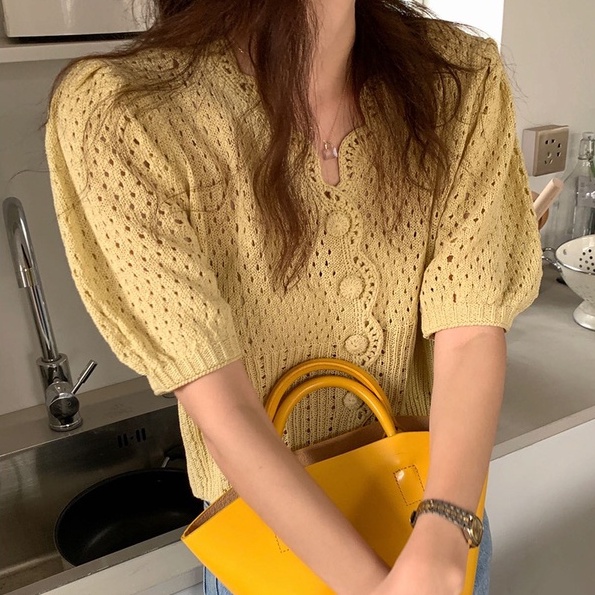 Áo dệt kim SUXI tay phồng ngắn cổ chữ V màu trơn phong cách Hàn Quốc thời trang xuân hè cho nữ