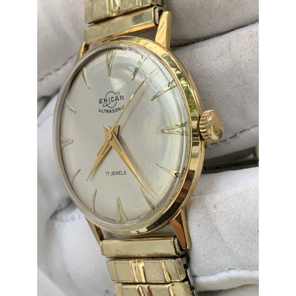 Đồng hồ nam ENICAR cơ lên cót 17 jewles, lắc kê vàng, dây chun tay của Thụy
