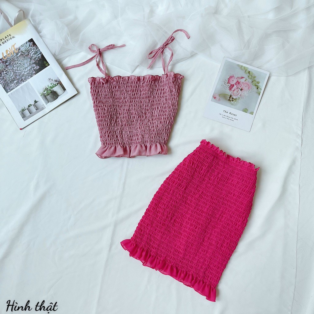 Set bộ áo 2 dây cột nơ chân váy nhún thun toàn thân ôm body voan chiffon - Hàng nhập khẩu
