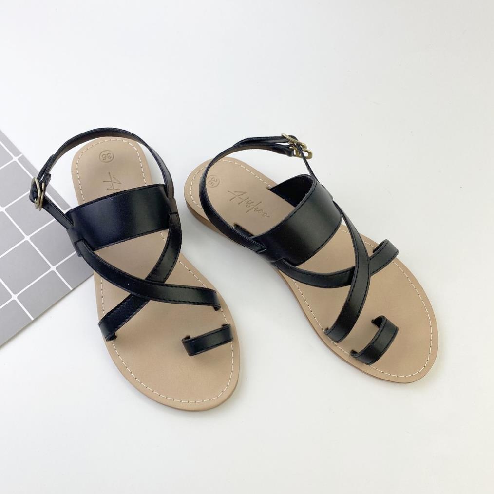 Dép sandal nữ đẹp thời trang đi biển đế bệt dây mảnh quai ngang chéo chính hãng HISHOO S057 V&^