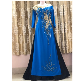 Áo dài xanh☘️XẢ KHO💥Áo dài đính kết cổ phối cổ von lưới