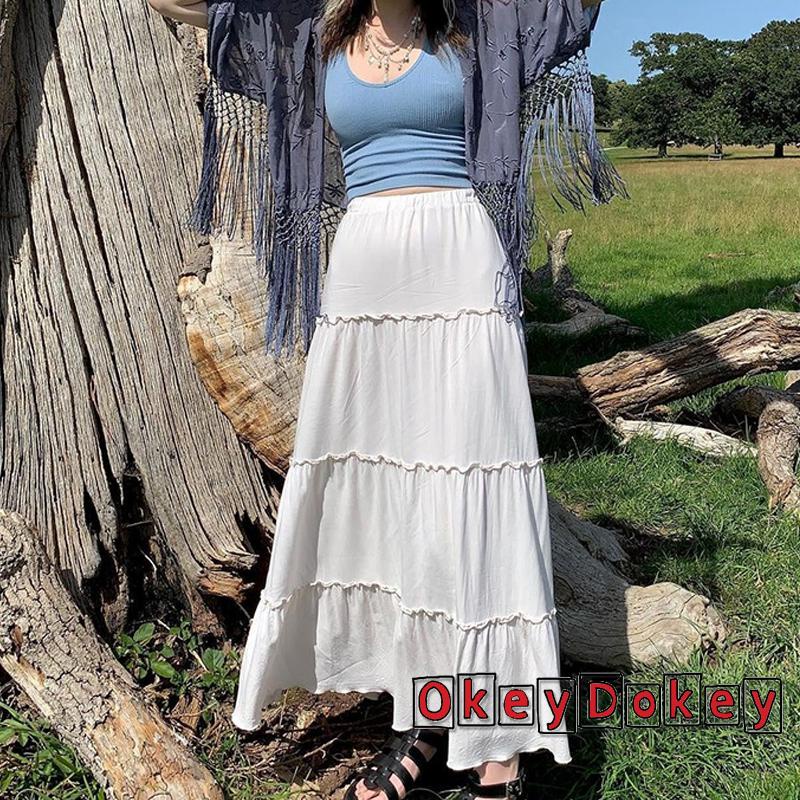 OKDK-y2k Women Pleated Long Skirt Casual Solid Color Frill Skirt for Party (White)
