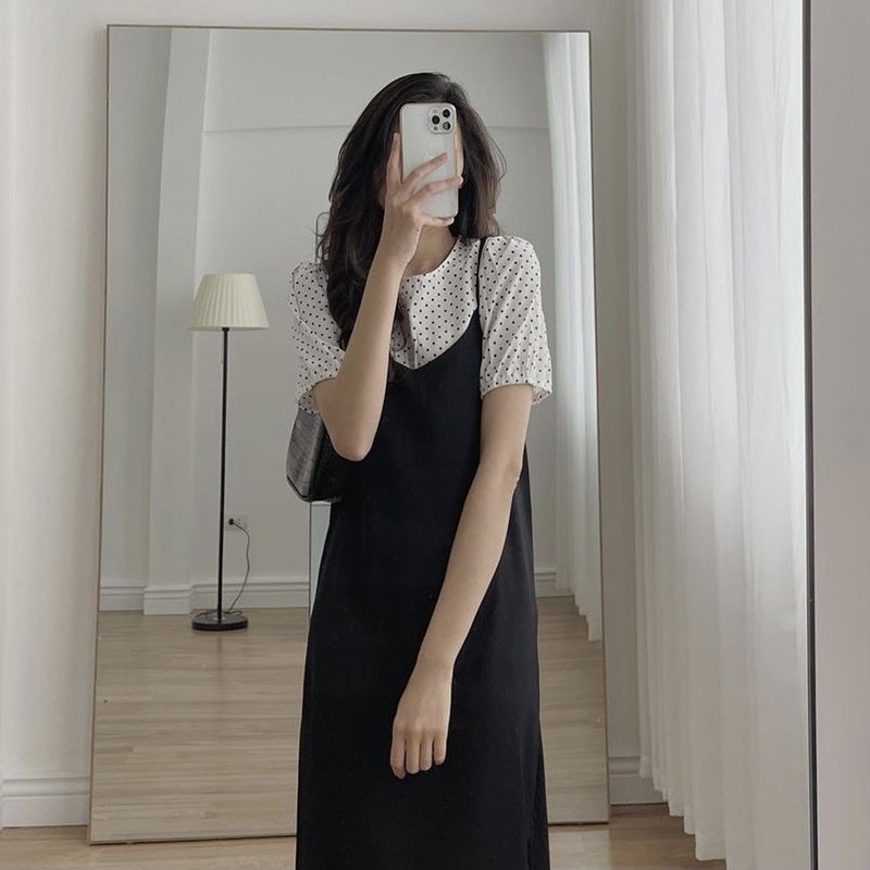 Váy Nữ 2 Dây Dáng Xòe- Kèm Áo Chấm Bi M085