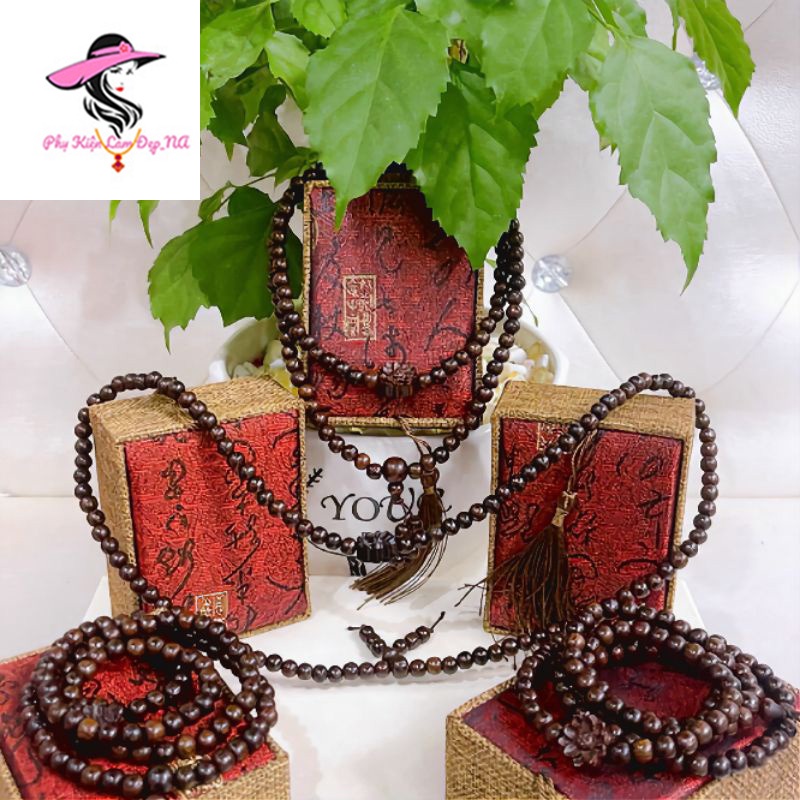 Vòng Tay Trầm Hương, Chuỗi Vòng 108 Hạt Trầm Mix Bông Sen Tặng Kèm Hộp Đựng Và Dây Chỉ Đỏ May Mắn
