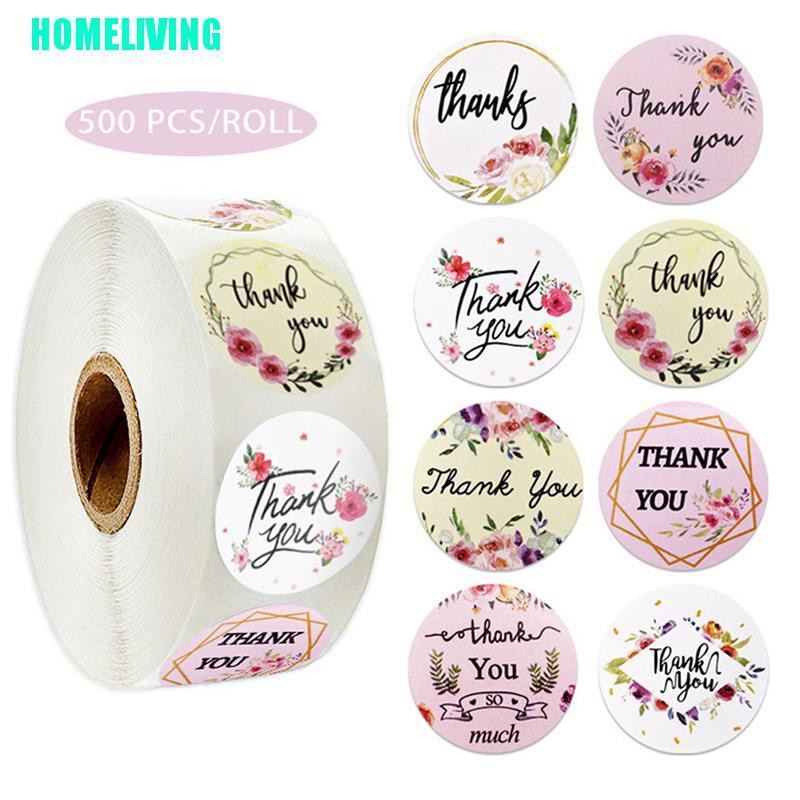 Cuộn 500 Miếng Dán Niêm Phong Bao Bì In Chữ thank you Và Hoa