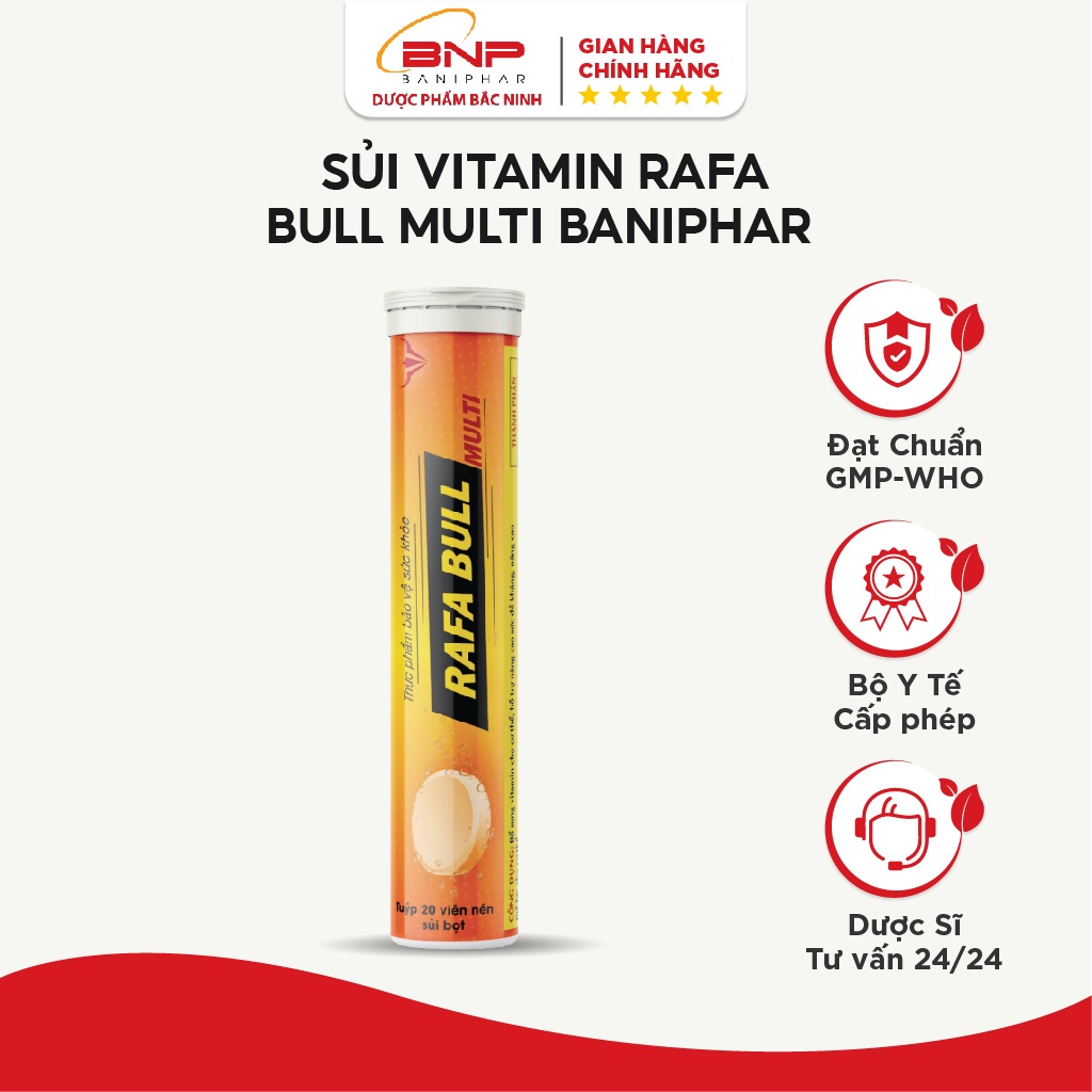 Sủi Vitamin Rafa Bull Multi BANIPHAR Hỗ Trợ Nâng Cao Sức Đề kháng, Tăng Thể Lực Cho Cơ Thể Tuýp 20 Viên