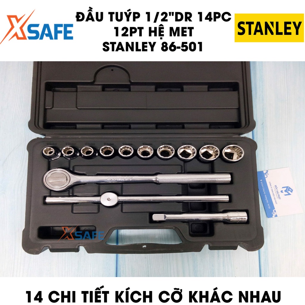 Đầu tuýp 1/2 inch DR 12PT MET STANLEY 86-501 14 chi tiết, thép CR-V cứng cáp, không gỉ sét, bề mặt bóng - Chính hãng