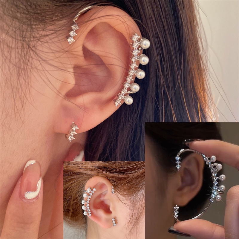 Khuyên Tai Dạng Kẹp Đính Kim Cương Giả Bằng Kim Loại Màu Bạc Sáng Tạo Cho Nữ