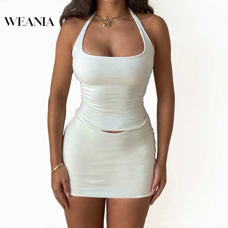 Set Áo Tank Top Hở Lưng + Chân Váy Lưng Cao Màu Trơn Phong Cách Quyến Rũ