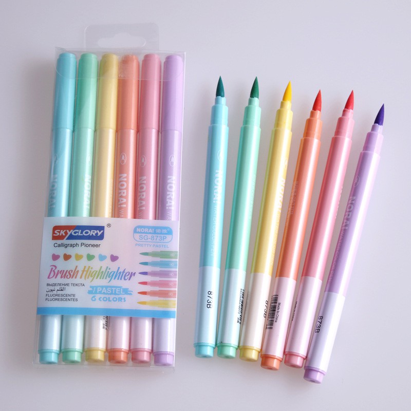 Bút Highlight Brush 6 màu pastel Nora dùng để đánh dấu, làm sổ Bullet Journal BMBooks