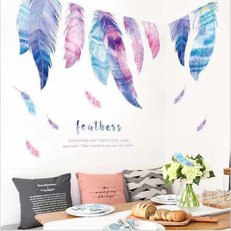 Decal dán trang trí phòng ngủ nhiều màu sắc - lông vũ sáng tạo đẹp và lãng mạn