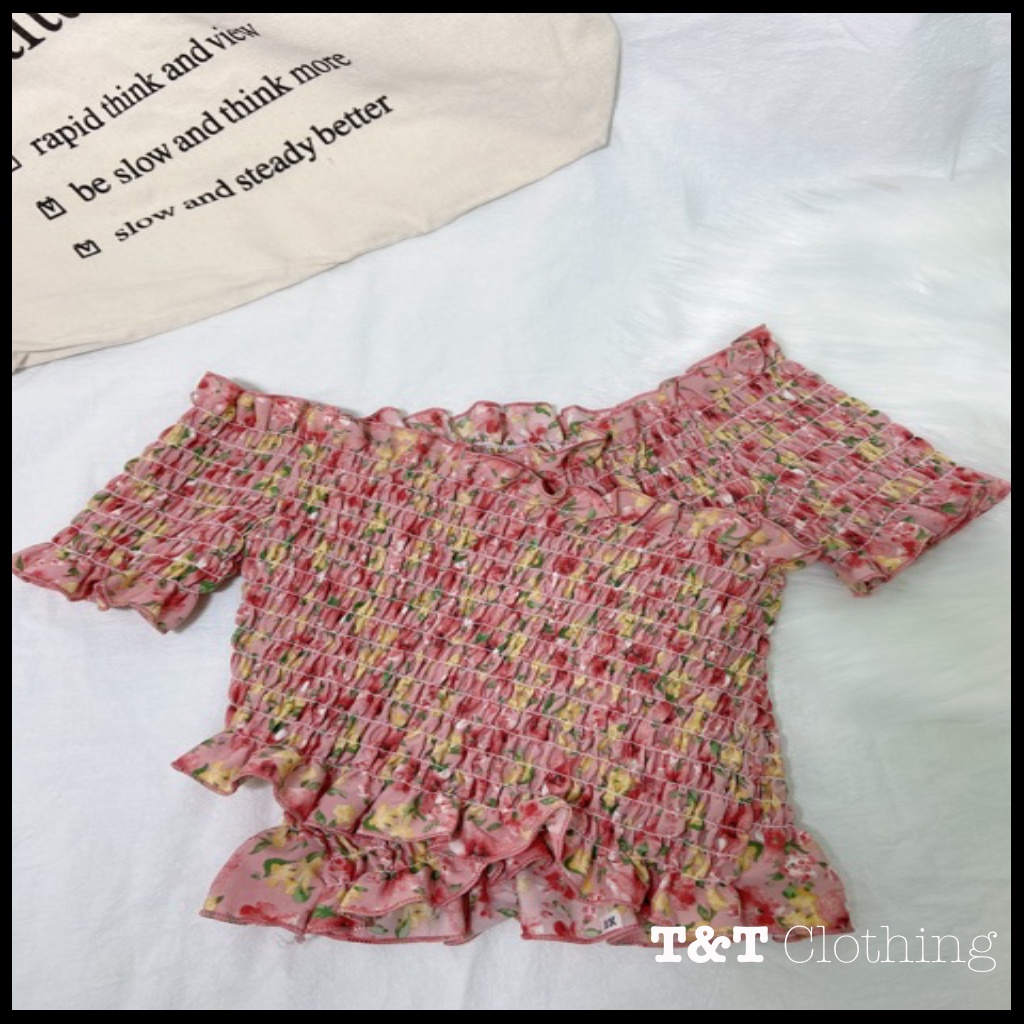 Áo croptop hoa nhún tay ngắn đắp chéo | Áo kiểu nữ Châu Âu 💃By 23t.shop | BigBuy360 - bigbuy360.vn