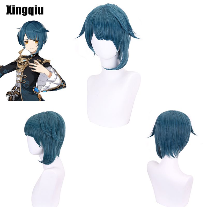 Genshin Impact XINGQIU Dark Blue Short Wig Cosplay Costume Heat Resistant Synthetic Hair Xing Qiu Wigs kid gift