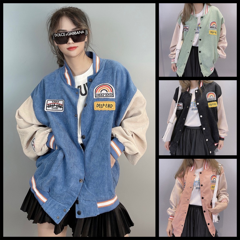 Áo khoác bomber kaki nhung tăm varsity jacket unisex nam nữ form rộng GAZU -057