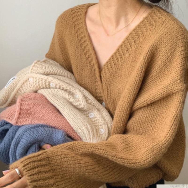 Áo cardigan dệt kim tay dài cổ chữ V dáng rộng thời trang cho nữ