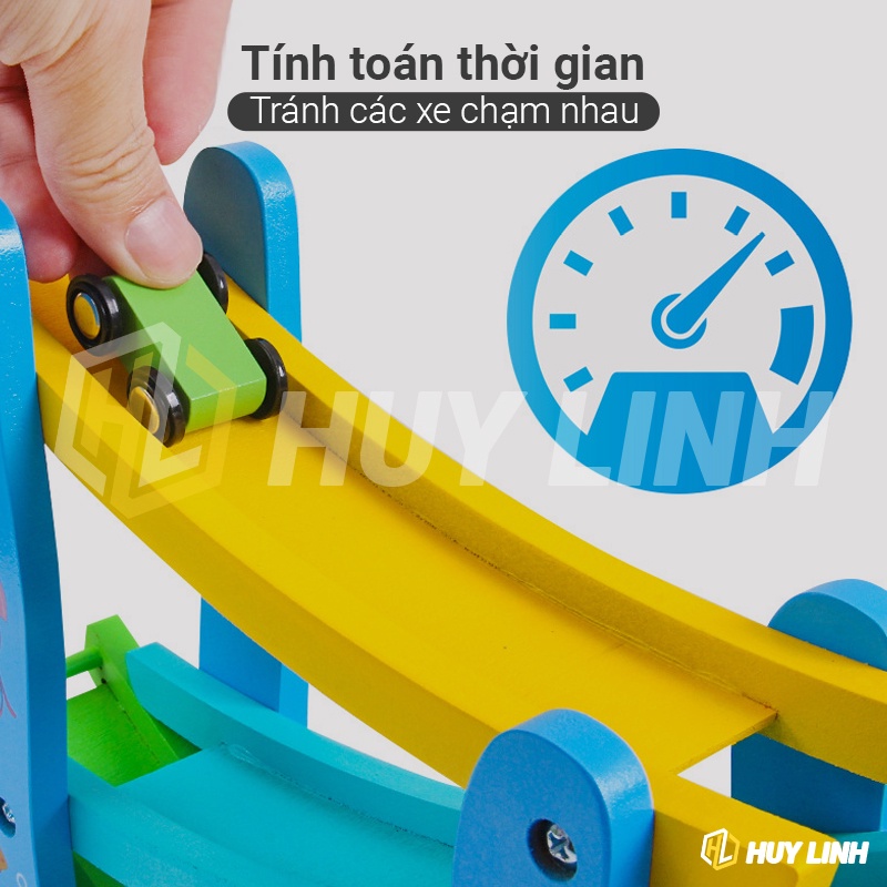 Bộ trò chơi Xe Cầu Trượt Tuột 4 Tầng Bằng Gỗ HL304 - Kèm 4 Xe Gỗ Mini