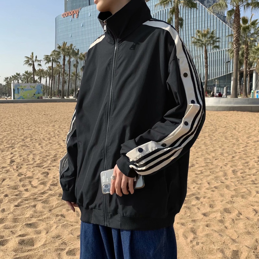 Áo Khoác Cổ Đứng Dáng Rộng Họa Tiết Kẻ Sọc Thời Trang Hàn Quốc Cho Nam