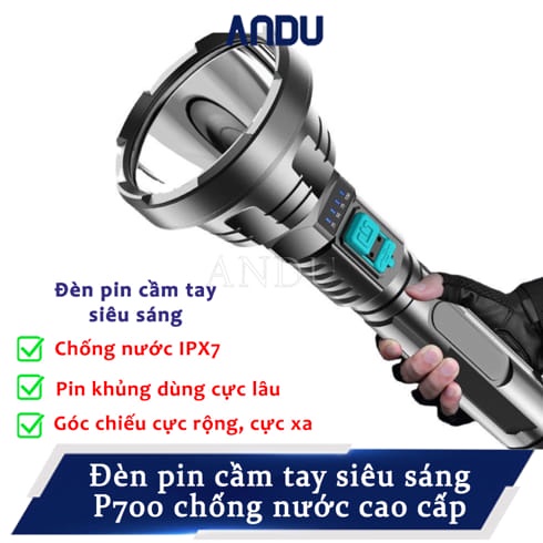 Đèn Pin Siêu Sáng Cầm Tay 3 Chế Độ Chiếu Xa 500M , Pin Trâu , Chống Nước