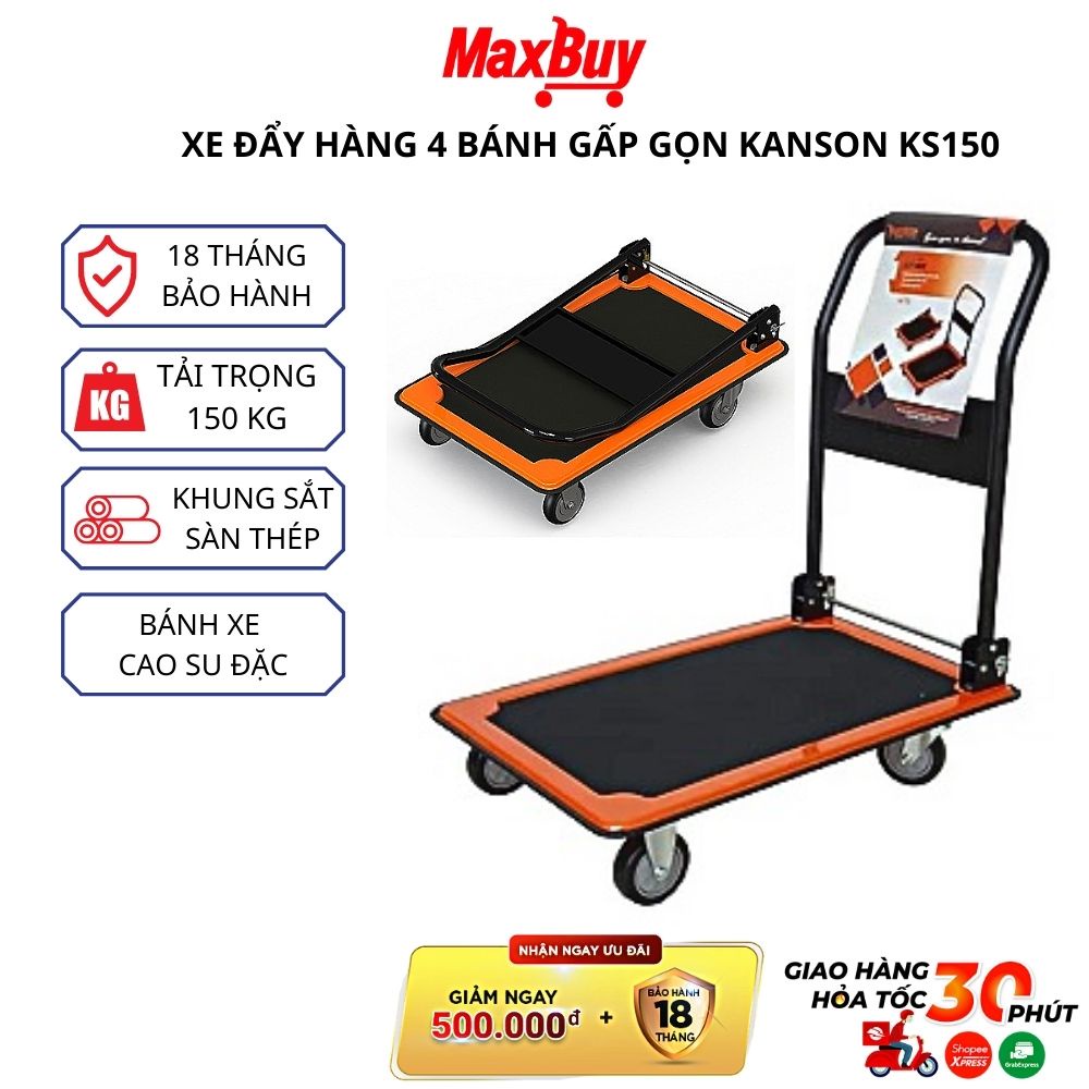 Xe đẩy kéo hàng 4 bánh gấp gọn chống ồn sàn thép Kanson tải trọng 150kg KS150 bảo hành chính hãng giao hỏa tốc HN