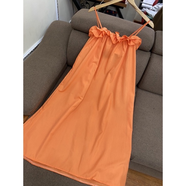 Đầm maxi 2 dây dáng dài,Váy đi biển màu cam bèo ngực chất thô