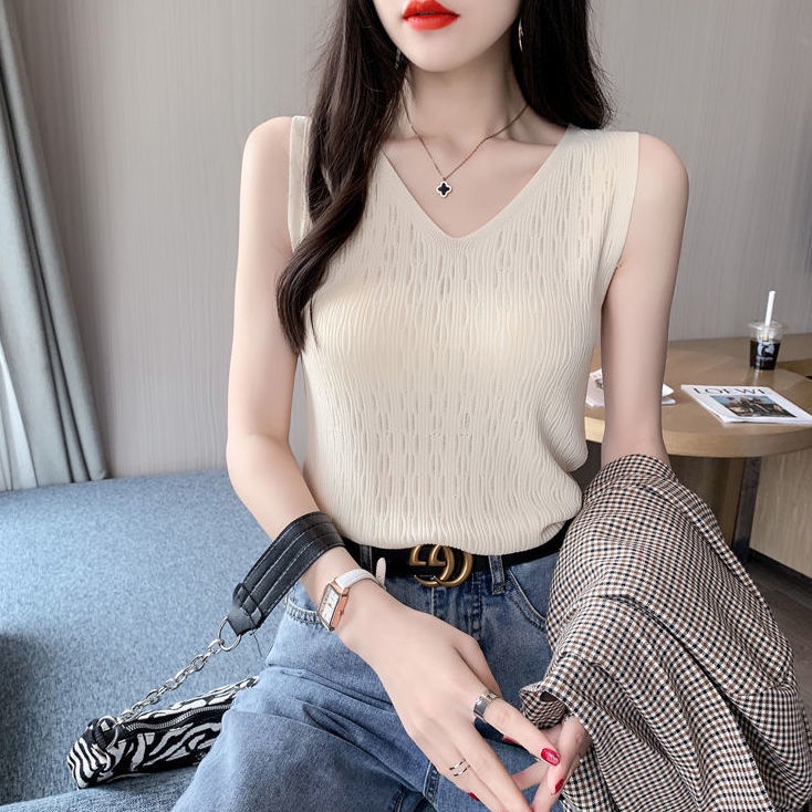 Áo dệt kim cổ v không tay cho nữ