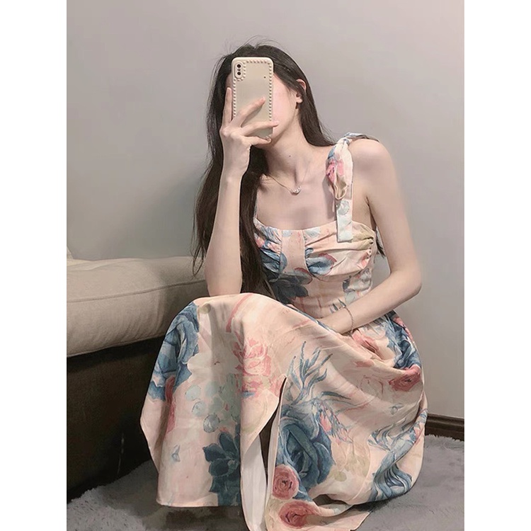 Váy đi biển đầm 2 dây hoa xẻ tà phong cách tiểu thư V6