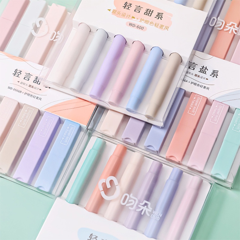 Bộ 6 bút bắt sáng hai đầu ngòi cứng màu trong suốt nhỏ gọn cho học sinh