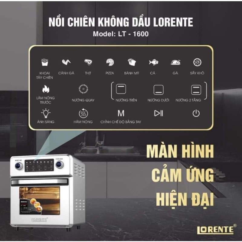 Nồi chiên không dầu điện tử Lorente, lò nướng dung tích lớn 16L Lorente LT-1600- Chính hãng BH 12 tháng