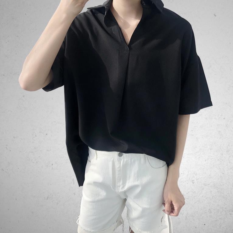 Áo Sơ Mi kiểu style Hàn Quốc CỔ CHUI unisex nam nữ form rộng BASIC hai màu trắng đen  ྇