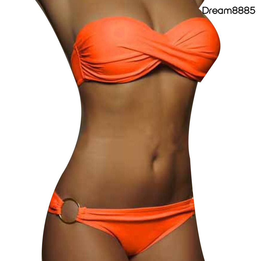 Bộ Bikini Hai Mảnh Xếp Ly Phối Vòng Kim Loại Thời Trang Mùa Hè Cho Nữ