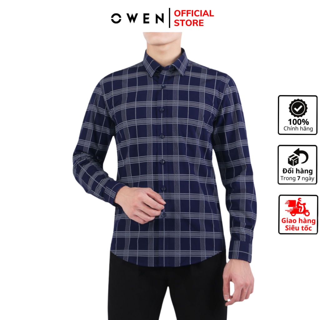 Áo sơ mi nam dài tay OWEN AR23381D somi công sở vải lô hội cao cấp màu xanh navy kẻ caro dáng suông tà lượn không túi