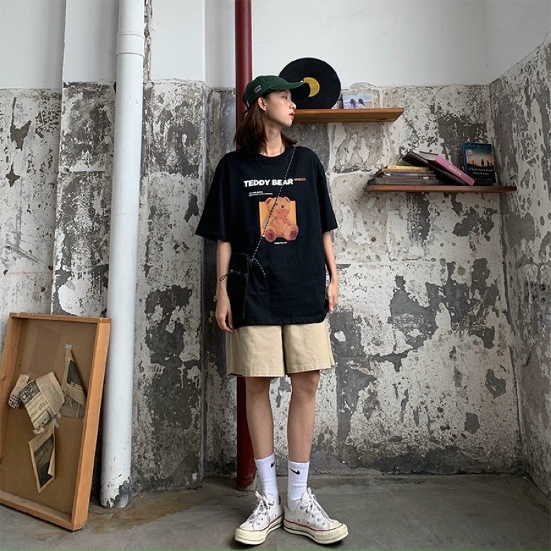 Set Bộ Áo Phông Gấu TEDDY Cổ Tròn Tay Lỡ Kết Hợp Quần Short Kaki Lửng Phong Cách Unisex Nam Nữ Kiểu Dáng Cá Tính