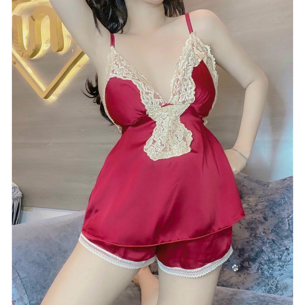 Bộ ngủ 2 dây sexy lụa satin phối ren đẹp có mút ngực cao cấp giá rẻ 012 | BigBuy360 - bigbuy360.vn