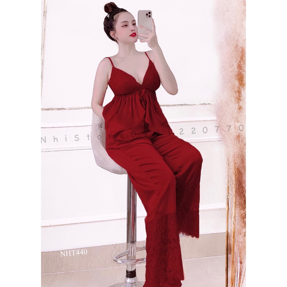 [FREESHIP 50K] Bộ Mặc Nhà Nữ NHISTORE Quần Dài  Lai Ren Áo Cúp Ngực Sexy Phối Ren  Freesize Dưới 57kg