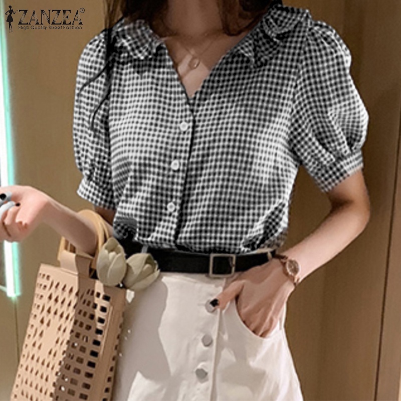 ZANZEA Áo Sơ Mi Tay Ngắn Cài Nút Họa Tiết Sọc Caro Thời Trang Cho Nữ