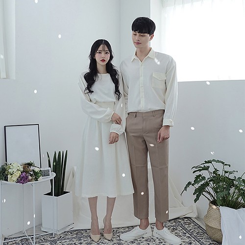 ÁO ĐÔI - Set váy sơ mi đôi nam nữ màu trắng và vàng Hàn Quốc HQCouple - AV89