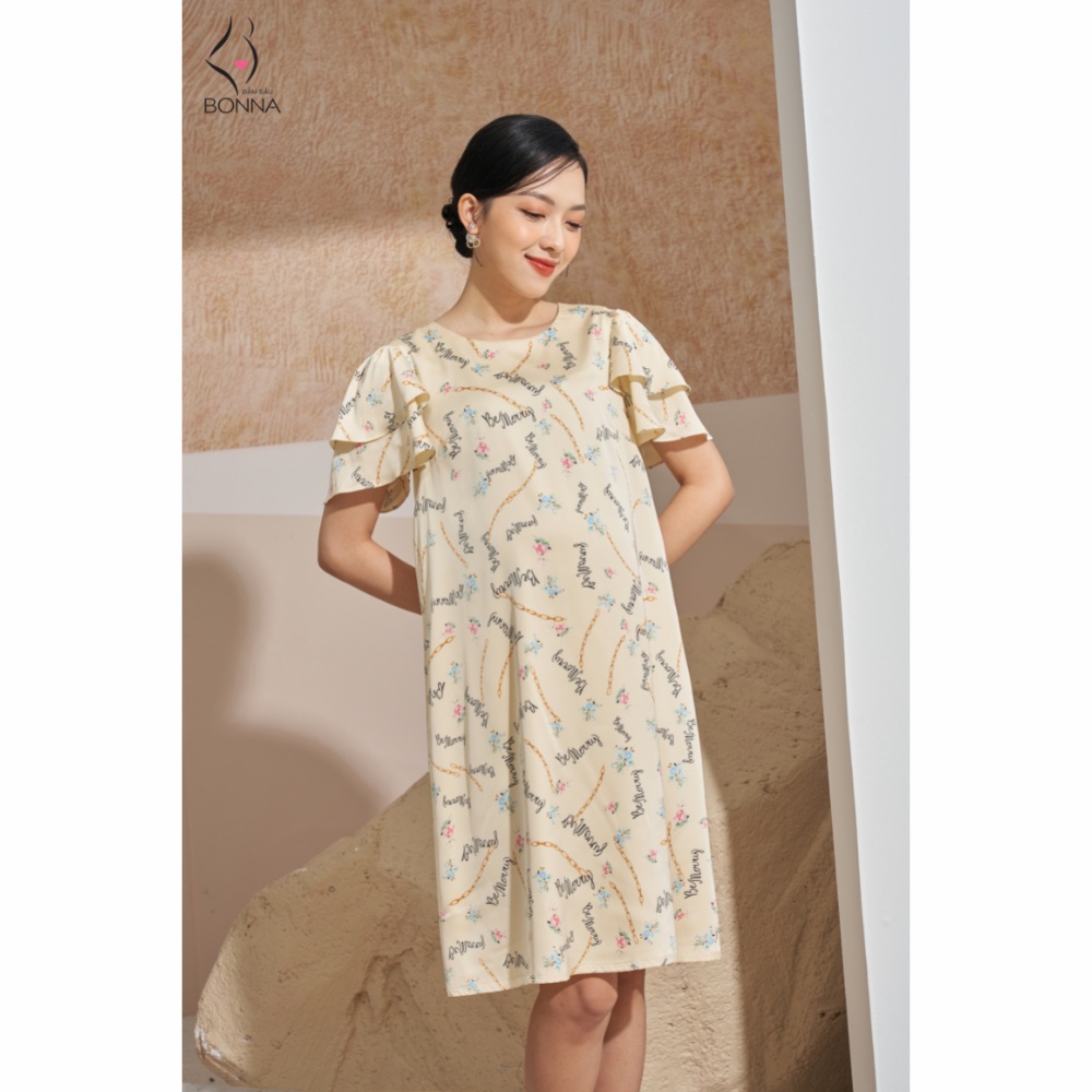 Váy bầu mùa hè BONNA dáng suông dễ mặc, chất liệu lụa tằm cao cấp, thoáng mát, mềm mại, phối tay cánh tiên hai lớp VS156