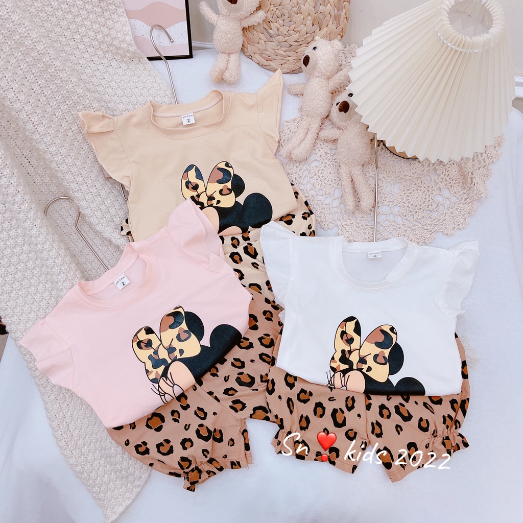 Bộ cộc tay bé gái, bộ quần áo chất cotton tàu cánh tiên Mickey nơ beo mát mẻ cho bé