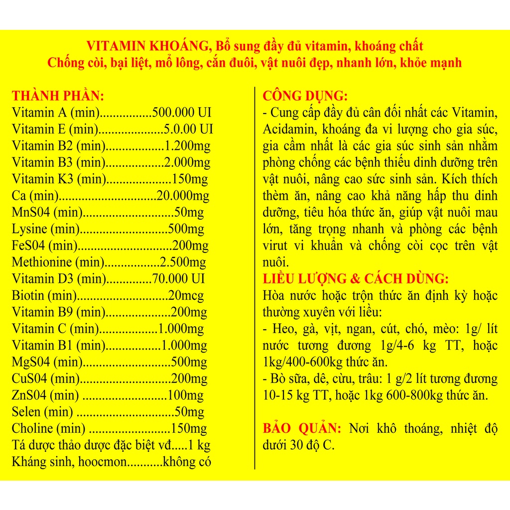 1 gói VITAMIN KHOÁNG 100g Bổ sung đầy đủ vitamin, khoáng chất cho vật nuôi