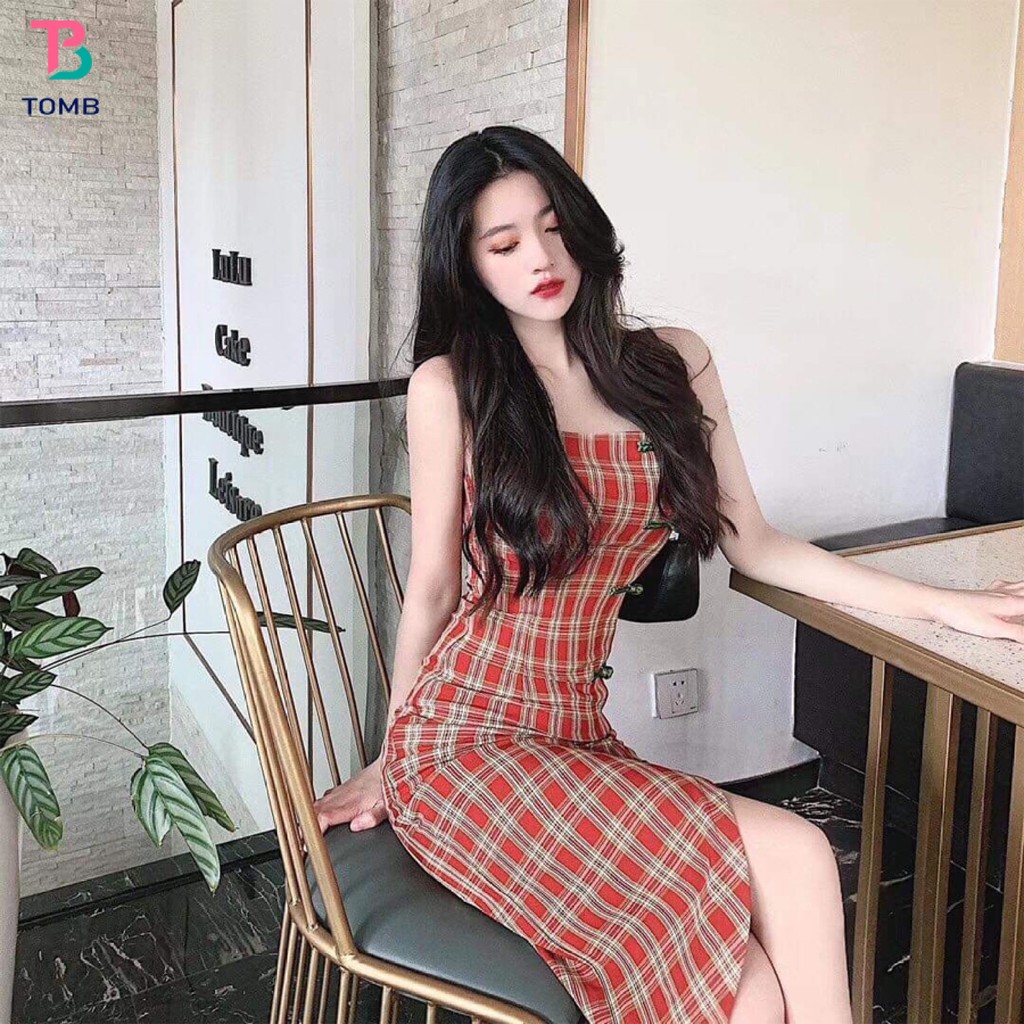 Đầm nữ body hai đây caro phối nút kiểu tàu, váy xẻ tà quyến rũ (có kèm mút), chất thun dẻo ôm body co giãn thoải mái - C | BigBuy360 - bigbuy360.vn