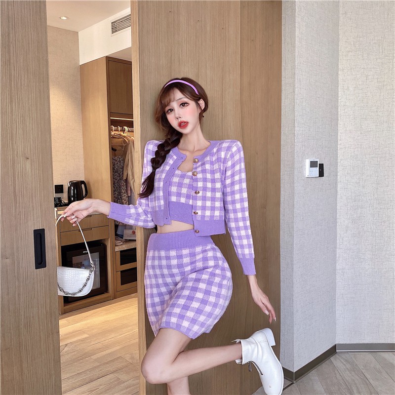 Cả set 3 bộ áo 2 dây croptop sọc caro ôm body sexy gợi cảm + váy suông ngắn lưng cao + áo khoác len tay dài ngắn ulzzang