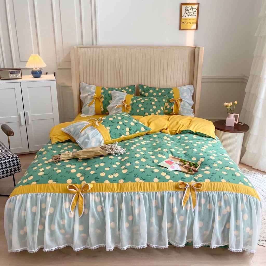 Bộ chăn ga gối cotton hoạt tính phối ren nơ siêu xinh sang trọng