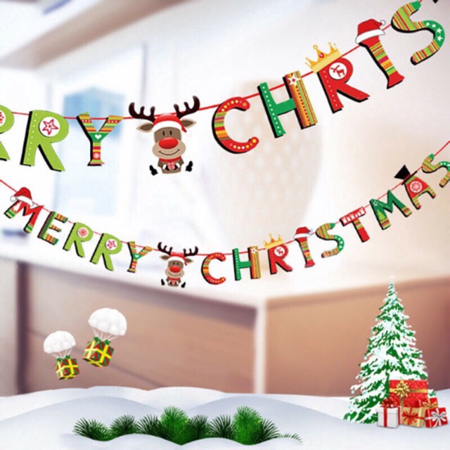 Dây chữ merry christmas dài 3m , Cờ treo tường họa tiết ông già Noel chuyên dụng cho trang trí lễ Giáng Sinh