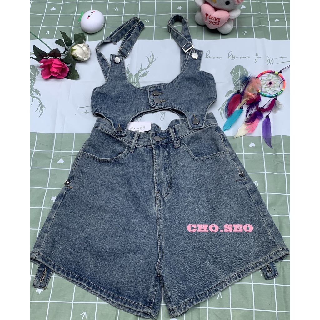 Set short yếm denim mùa hè phiên bản Hàn Quốc 2022 mới năng động và mát mẻ