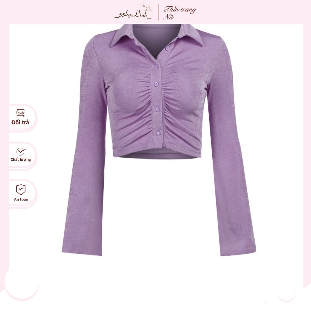 Áo sơ mi croptop tay loe xếp ly, Áo sơ mi kiểu (Xanh bơ - Tím - Đen)