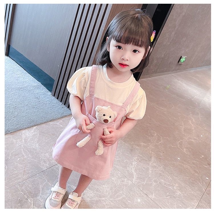 Bộ Áo Thun In Hình Gấu Kèm Váy Yếm Dễ Thương Thời Trang Mùa Hè Cho Bé Gái