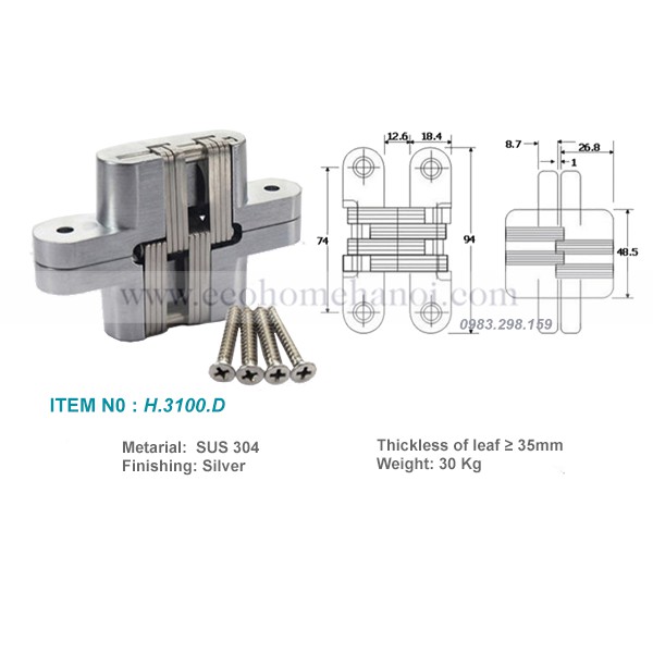 Bản lề chữ thập hay bản lề giấu khuôn cửa dùng cho cửa đi, bàn gập, giường gập chất liệu Inox 304