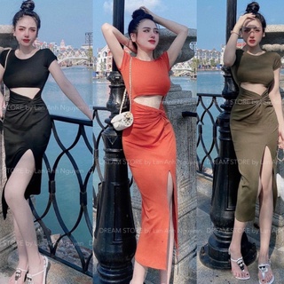 Đầm ôm body cổ tròn tay ngắn khoét nhún eo xẻ tà bên quyến rũ, váy ôm body xẻ tà bên chất thun gân ôm dáng MIDORI247
