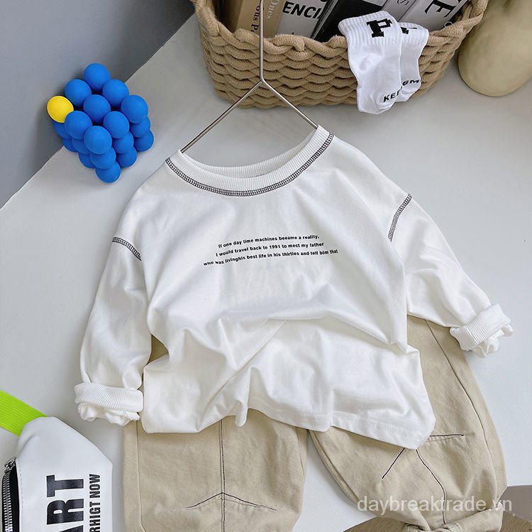 Áo thun tay dài cổ tròn bằng cotton in chữ phong cách Hàn Quốc cho trẻ em